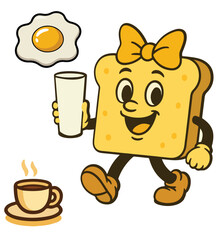 Cute Retro Toast Character with Bow, Happy Breakfast Cartoon Illustration

