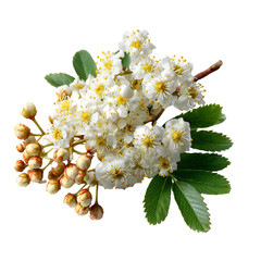Delicate white flower cluster with green leaves and unopened buds on black background