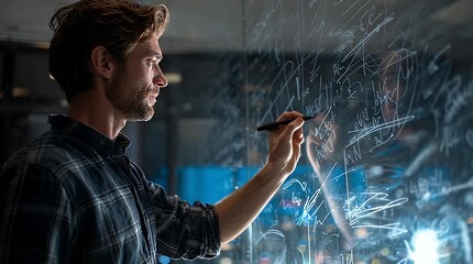 Man Solving Equations on Glass Board in Modern Office. - Powered by Adobe