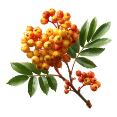 Vibrant cluster of ripe rowan berries with green leaves on a black background