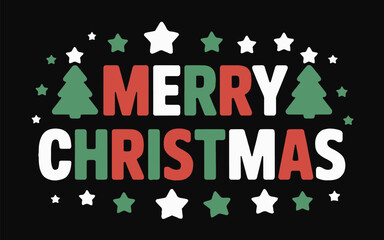 A festive merry christmas design with trees and stars on a black background for holiday cheer