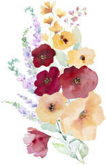 Bouquet with Watercolor Yellow and red poppy flowers and leaves, pastel wedding isolated illustration
