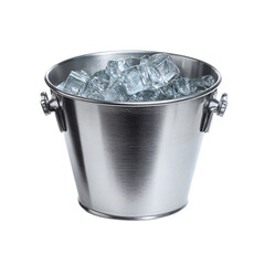 Metal bucket filled with ice cubes on a black background