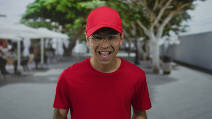 Man in red shirt and cap speaking to camera with expressive face on sunlit city street near blurred cafe umbrellas; urgency.