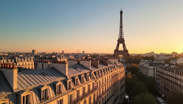 Paris Rooftops and Eiffel Tower at Sunset with Warm Golden Light France cityscape