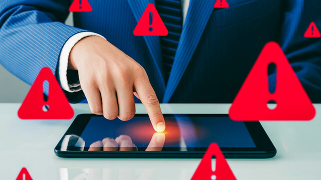 Digital security threat warning on tablet: business interaction