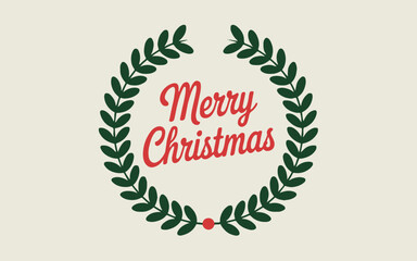 Merry christmas text inside a green wreath with a red berry on a cream colored background design