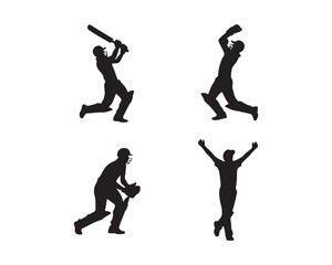 Cricket batsman cover drive, bowler delivery stride, wicketkeeper crouch, and victory celebration Vectior Silhouette illustration design set collection