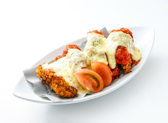 Savor this crispy, cheesy fried chicken delight. Perfect for menus, food blogs, or restaurant promotions. A visually appealing culinary experience.