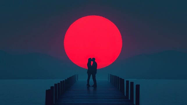 A couple sharing a kiss on a pier as the sun sets over the water