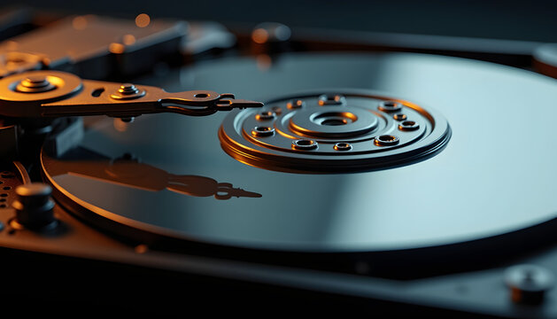 Close-up of a hard drive platter and read/write head, data storage concept - Powered by Adobe