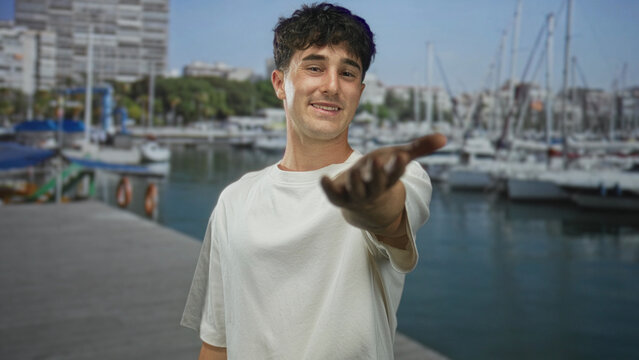 Man reaches hand toward camera at a port dock beside moored boats, extended arm and open palm clearly visible; warm invitation.