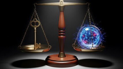 Scales of justice with key and digital sphere for data security