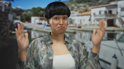 Woman smiling with hands raised at seaside port, capturing the essence of outdoor tranquility as boats gently float along the serene water under a clear sky complemented by distant greenery.