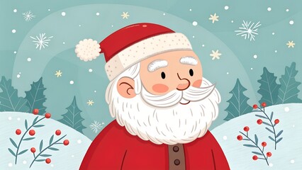 Illustrated santa claus portrait with winter forest background and snowflakes