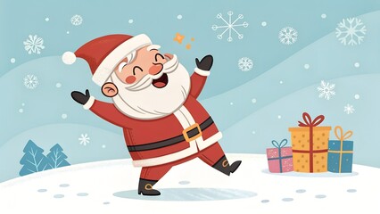 Cheerful santa claus celebrating christmas with gifts and snowflakes in winter scene