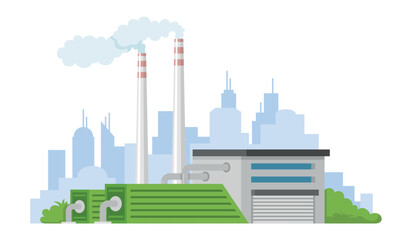 A contemporary power plant features two tall smokestacks and green cooling towers, surrounded by urban buildings and a clear sky with a few clouds.