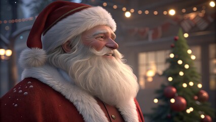 Santa claus smiling with christmas tree and lights in the background outdoors