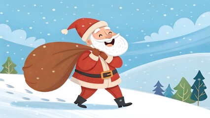 Cheerful santa claus carrying a large sack through a snowy winter wonderland scene