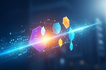 Abstract Digital Network Futuristic Tech Connection with Data Flow and Geometric Shapes