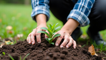 Woman planting a young tree in the soil, environmental conservation concept