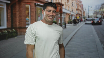 Fototapeta premium Man in white shirt with hand on neck smiles while standing on busy city street in front of brick building; happiness.