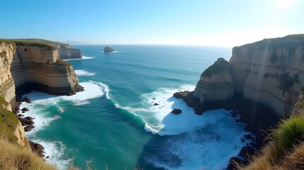 Beautiful Coastal Scenery Featuring Rocky Cliffs Turquoise Waters and Waves Crashing on Shoreline on Sunny Day with Clear Blue Sky Captivating Natural Beauty of Coastline
