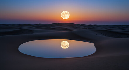 Desert Oasis Reflecting Moon at Dusk