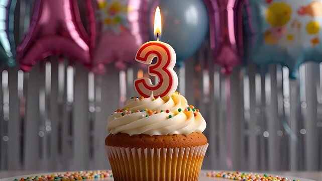 3rd birthday muffin with white frosting and colorful sprinkles and light candle in number 3, against a birthday decoration with balloons