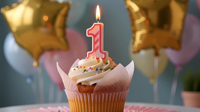 1st birthday muffin with white frosting and colorful sprinkles and light candle in number 1, against a birthday decoration with balloons
