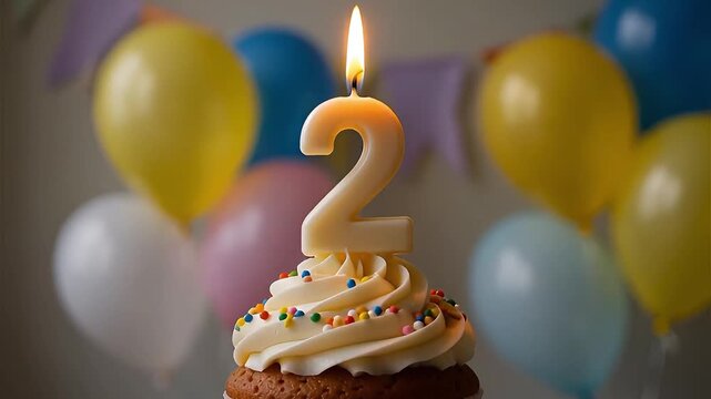 2nd birthday muffin with white frosting and colorful sprinkles and light candle in number 2, against a birthday decoration with balloons