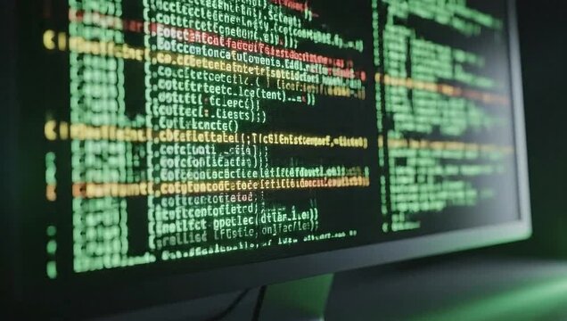 Close up of computer screen displaying lines of green and yellow code with a dark background programming