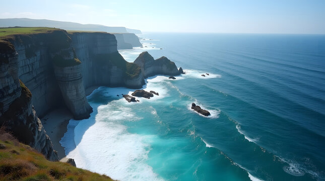 Cliffside ocean view with rocky coastline turquoise waters and clear sky breathtaking scenery of cliffs seaside vista turquoise ocean rocky shores serene landscape