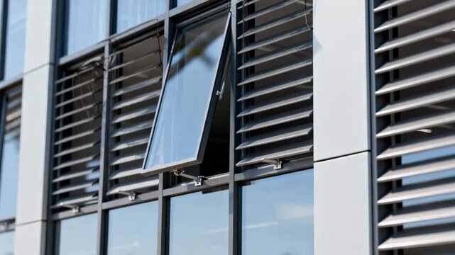 Medium frame showcasing the dynamic operation of automated louvers on a fa&ccedil;ade adjusting to sunlight and wind for optimal interior comfort.
