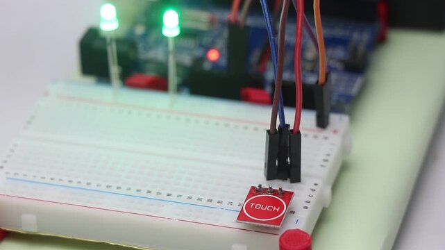Touch sensor controlling the green led when it is touched the led turns to on and when it is touched again the led turns to off on a breadboard
