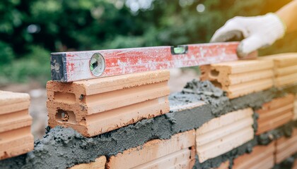 Bricklayer using a spirit level for precise brick wall construction
