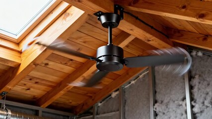 Close medium shot of a modern attic fan installed in a wooden rafters space promoting effective air circulation and heat reduction.