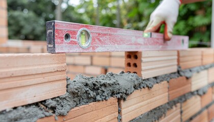 Bricklayer using spirit level to check wall construction accuracy