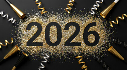 2026 New Year celebration background with gold glitter numbers, party horns, and ribbons on black. Festive flat lay design for holiday greeting card or banner.
