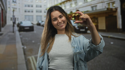 Obraz premium Woman smiling and holding fingers close on street with parked cars and lights, denim shirt and ring visible; playful confidence.