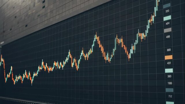 Candlestick chart showing dynamic stock market growth and financial trend analysis data visualization for investment display.