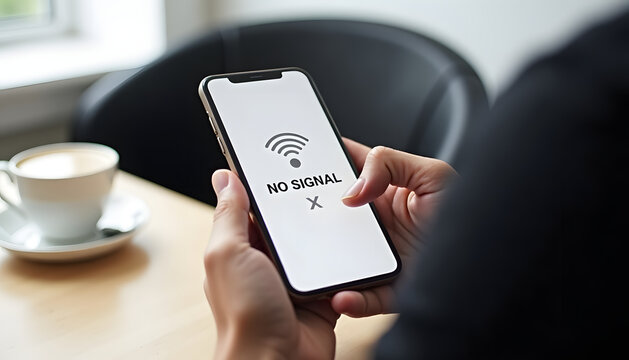 Smartphone displaying a 'no signal' message while in a cafe setting - Powered by Adobe