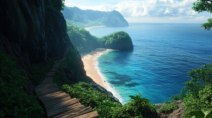 A dramatic cliffside view with a winding staircase leading to a small hidden beach