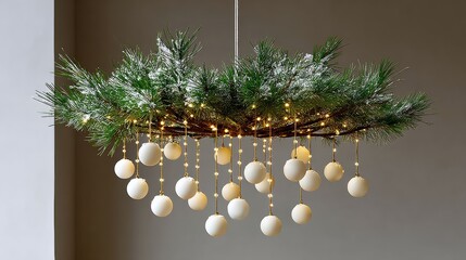 Festive holiday chandelier adorned with pine branches, white ornaments, and twinkling lights, creating a warm and inviting atmosphere for seasonal celebrations and gatherings