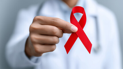 Doctor holding red awareness ribbon close up, symbolizing World AIDS Day and medical support, ideal for healthcare campaigns, prevention materials, clinic posters and educational resources