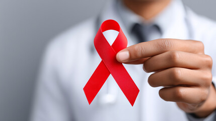 Doctor holding red awareness ribbon close up, symbolizing World AIDS Day and medical support, ideal for healthcare campaigns, prevention materials, clinic posters and educational resources