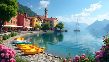 Scenic view of a colorful lakeside village with boats and mountains in the background
