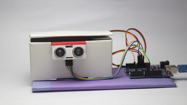 Electronic project that uses ultrasonic sensor controlling micro servo movements that resembles automatic trash can with breadboard circuit