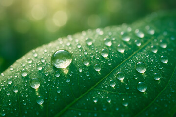 Morning Dew Drops on Green Leaf Macro Photography