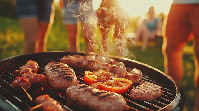 A group of friends enjoying a barbecue on a sunny afternoon, with food sizzling on the grill and laughter in the air - Powered by Adobe